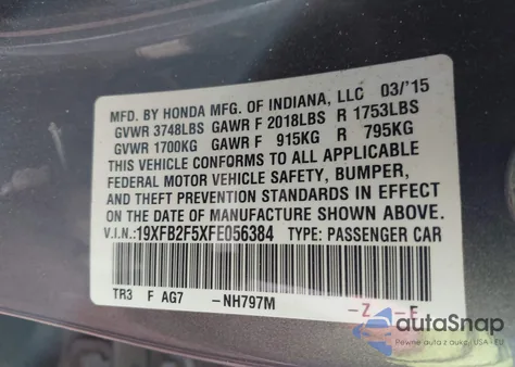 2015 Honda Civic Lx из США, поврежденный, VIN 19XFB2F5XFE056384